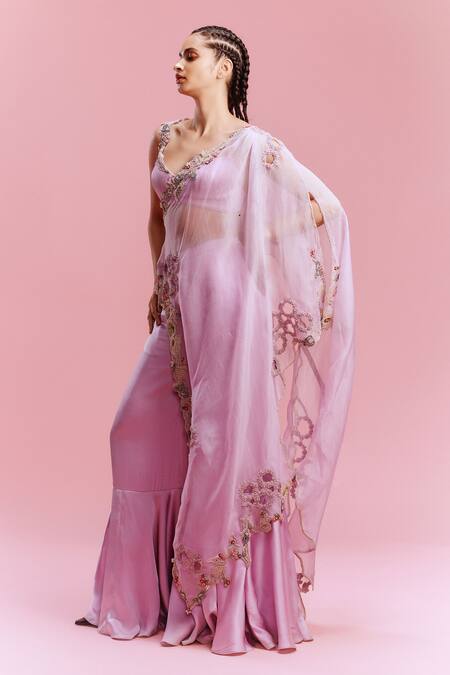 Dolly J_Purple Satin Pearls, Beads, Embroidery Sweetheart Neck Elira Flared Pant Set _Online_at_Aza_Fashions