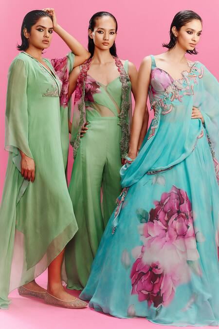 Dolly J_Green Chiffon Embroidery V-neck Eraya Watercolor Floral Print Kaftan _Online_at_Aza_Fashions