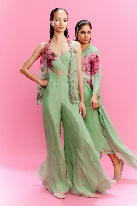 Buy_Dolly J_Green Chiffon Embroidery V-neck Eraya Watercolor Floral Print Kaftan _Online_at_Aza_Fashions