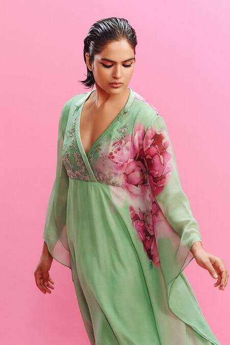 Shop_Dolly J_Green Chiffon Embroidery V-neck Eraya Watercolor Floral Print Kaftan _Online_at_Aza_Fashions