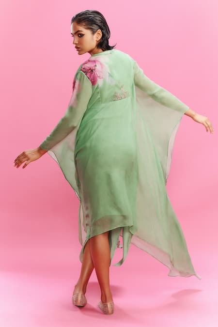 Shop_Dolly J_Green Chiffon Embroidery V-neck Eraya Watercolor Floral Print Kaftan _at_Aza_Fashions