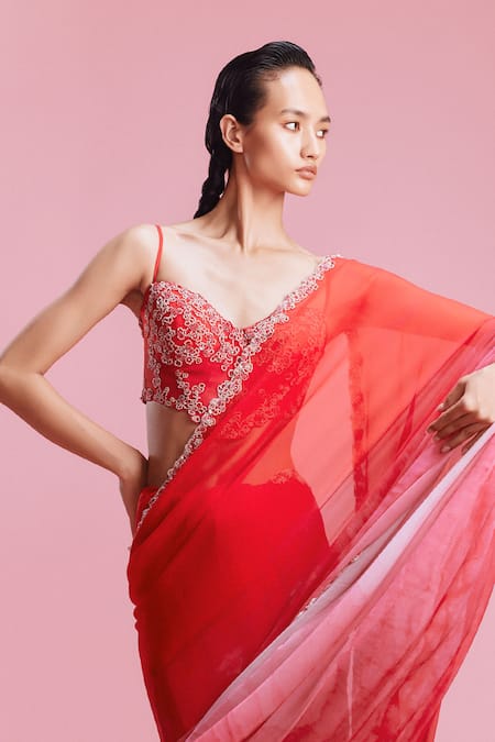 Dolly J_Red Chiffon Pearls Sweetheart Neck Ombre Saree With Blouse _Online_at_Aza_Fashions