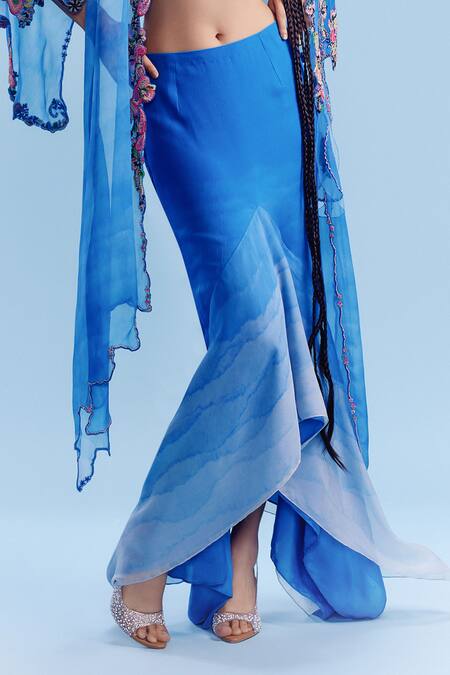 Dolly J_Blue Chiffon Pearls, Embroidery Sweetheart Neck Zerya Asymmetric Skirt Set _Online_at_Aza_Fashions