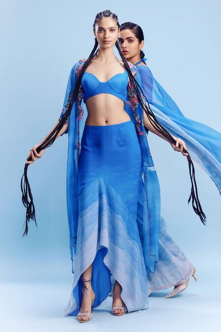 Shop_Dolly J_Blue Chiffon Pearls, Embroidery Sweetheart Neck Zerya Asymmetric Skirt Set _Online_at_Aza_Fashions
