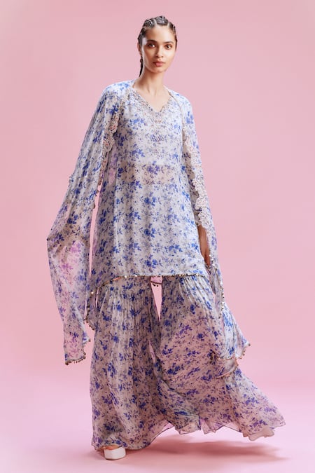 Dolly J White Chiffon Printed Floral V Neck Ishani Kurta Sharara Set 