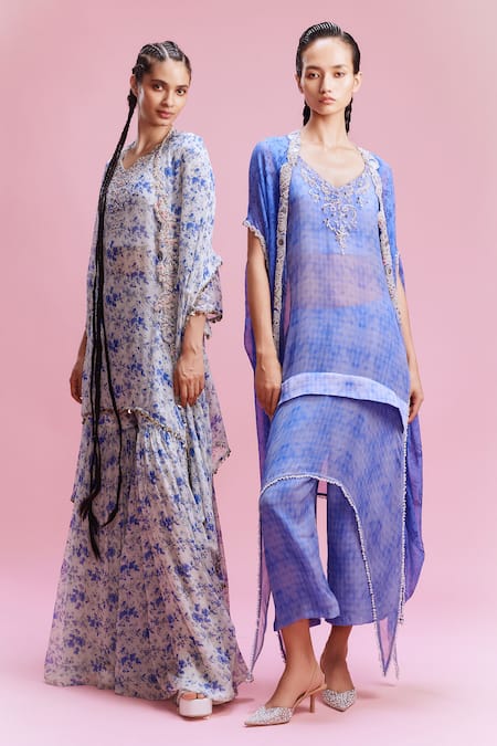 Dolly J_White Chiffon Pearls, Embroidery V-neck Ishani Floral Print Kurta Sharara Set _Online_at_Aza_Fashions