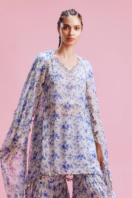 Buy_Dolly J_White Chiffon Pearls, Embroidery V-neck Ishani Floral Print Kurta Sharara Set _Online_at_Aza_Fashions