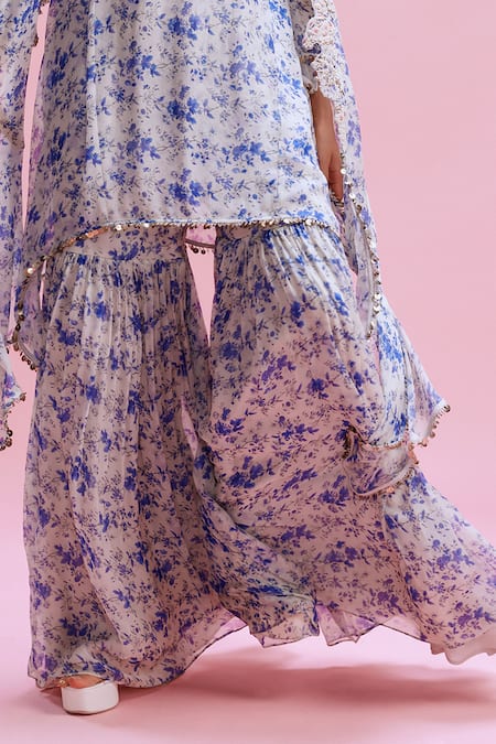 Shop_Dolly J_White Chiffon Pearls, Embroidery V-neck Ishani Floral Print Kurta Sharara Set _Online_at_Aza_Fashions