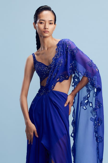 Dolly J_Blue Chiffon Sequins, Cut Work Sweetheart Moana Pre-draped Saree With Blouse _Online_at_Aza_Fashions