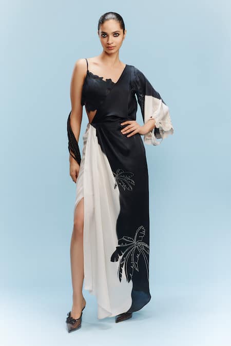 Dolly J Black Satin Embroidered Pearl Niran One-shoulder Draped Dress With Bustier 