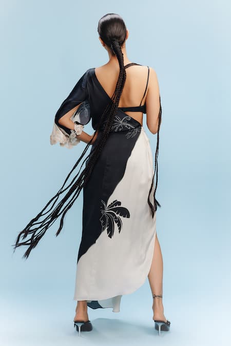 Shop_Dolly J_Black Satin Pearls Sweetheart Neck Niran One-shoulder Draped Dress With Bustier _at_Aza_Fashions