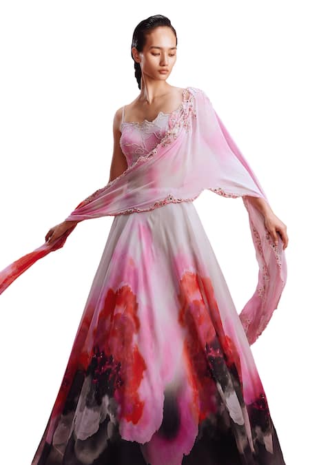 Dolly J_Pink Chiffon Beads Koa Watercolor Effect Lehenga Set _Online_at_Aza_Fashions