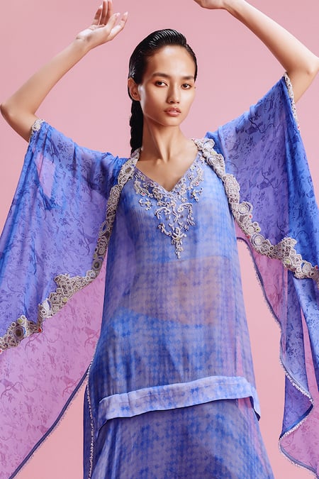 Dolly J_Blue Satin Embroidery V-neck Iina Floral Print Cape Sharara Set _Online_at_Aza_Fashions