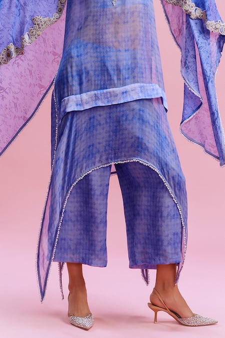 Buy_Dolly J_Blue Satin Embroidery V-neck Iina Floral Print Cape Sharara Set _Online_at_Aza_Fashions