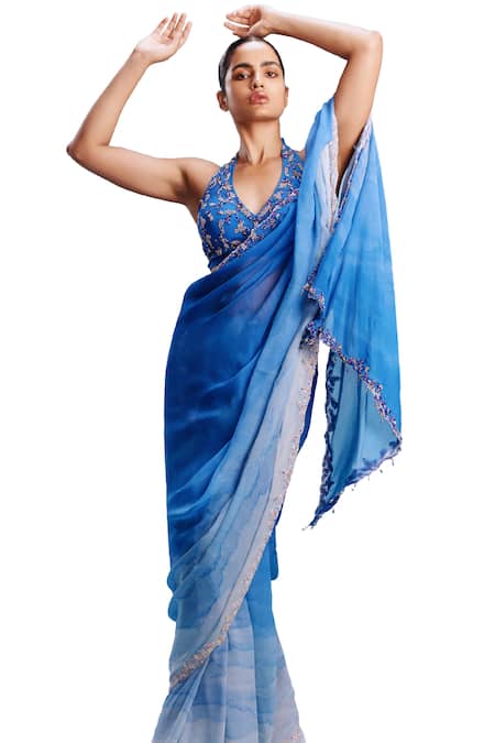 Dolly J_Blue Chiffon Beads Halter Neck Zana Ombre Saree With Blouse _Online_at_Aza_Fashions