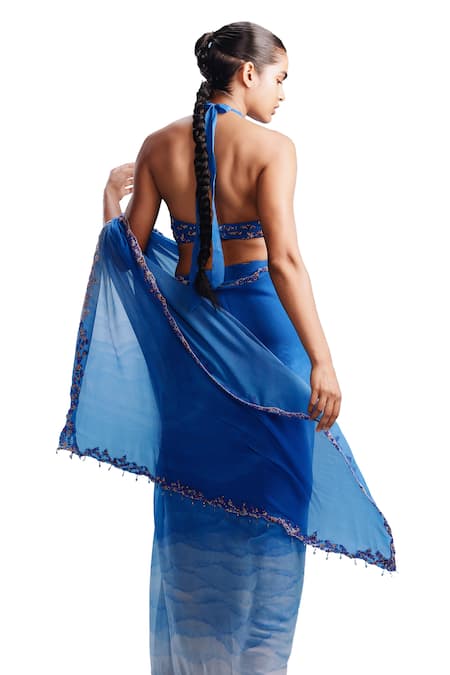Buy_Dolly J_Blue Chiffon Beads Halter Neck Zana Ombre Saree With Blouse _Online_at_Aza_Fashions