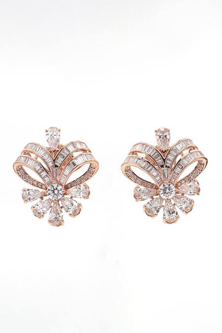 Fiona Diamonds Rose Gold Diamonds, Crystals 14kt Baguette Lab Earrings Online at Aza Fashions Fiona Diamonds_Rose Gold Diamonds, Crystals 14kt Baguette Lab Earrings_Online_at_Aza_Fashions