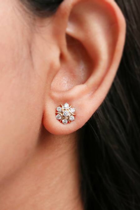 Shop Fiona Diamonds Yellow Imitation Diamonds 18kt Gold Lab Encrusted Stud Earrings at Aza Fashions Shop_Fiona Diamonds_Yellow Imitation Diamonds 18kt Gold Lab Encrusted Stud Earrings_at_Aza_Fashions