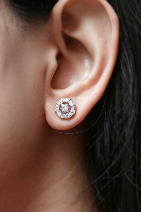 Shop Fiona Diamonds Yellow Imitation Diamonds 18kt Gold Lab Studded Octagon Earrings at Aza Fashions Shop_Fiona Diamonds_Yellow Imitation Diamonds 18kt Gold Lab Studded Octagon Earrings_at_Aza_Fashions