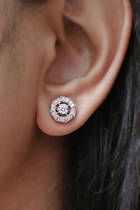 Fiona Diamonds Yellow Imitation Diamonds 18kt Gold Lab Studded Octagon Earrings Online at Aza Fashions Fiona Diamonds_Yellow Imitation Diamonds 18kt Gold Lab Studded Octagon Earrings_Online_at_Aza_Fashions