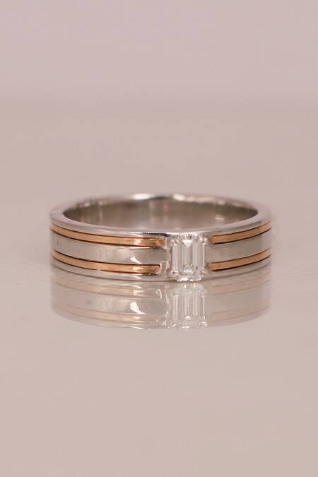 Shop Fiona Diamonds White Imitation Diamonds 18kt And Rose Gold Lab Band Ring at Aza Fashions Shop_Fiona Diamonds_White Imitation Diamonds 18kt And Rose Gold Lab Band Ring_at_Aza_Fashions