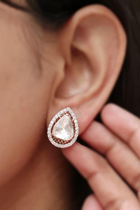 Fiona Diamonds 14kt Rose Gold Polki & Lab Diamond Encrusted Earrings 