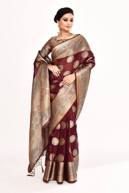 Buy_Naintara Bajaj_Maroon Viscose Zari V-neck Floral Woven Saree With Blouse _Online_at_Aza_Fashions