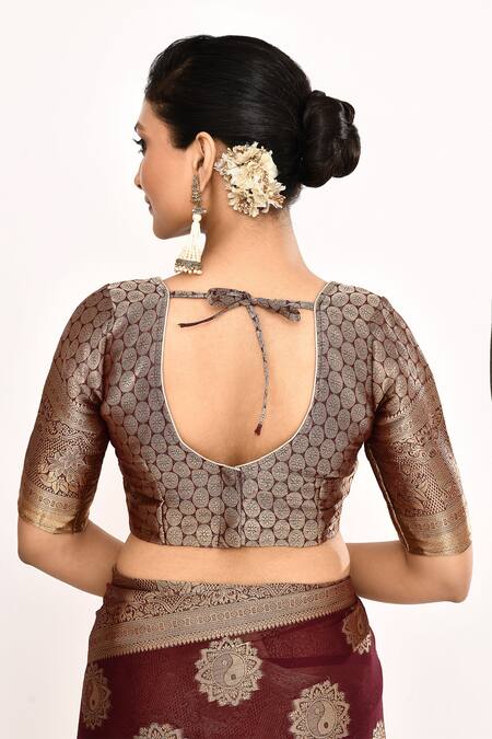 Shop_Naintara Bajaj_Maroon Viscose Zari V-neck Floral Woven Saree With Blouse _Online_at_Aza_Fashions