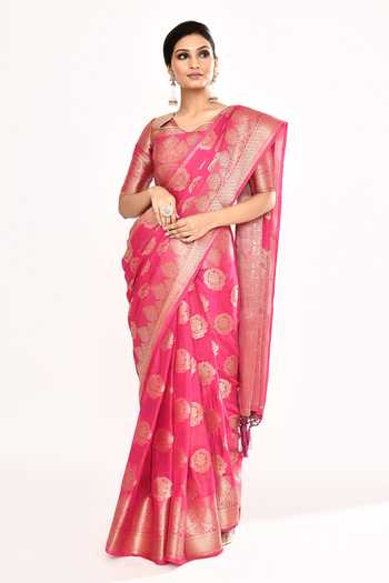 Khwaab By Sanjana Lakhani_Pink Viscose Zari V-neck Heart Pattern Woven Saree With Blouse _Online_at_Aza_Fashions