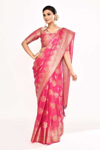 Buy_Khwaab By Sanjana Lakhani_Pink Viscose Zari V-neck Heart Pattern Woven Saree With Blouse _Online_at_Aza_Fashions