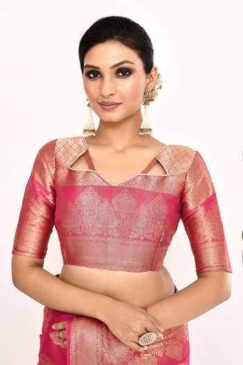 Shop_Khwaab By Sanjana Lakhani_Pink Viscose Zari V-neck Heart Pattern Woven Saree With Blouse _Online_at_Aza_Fashions