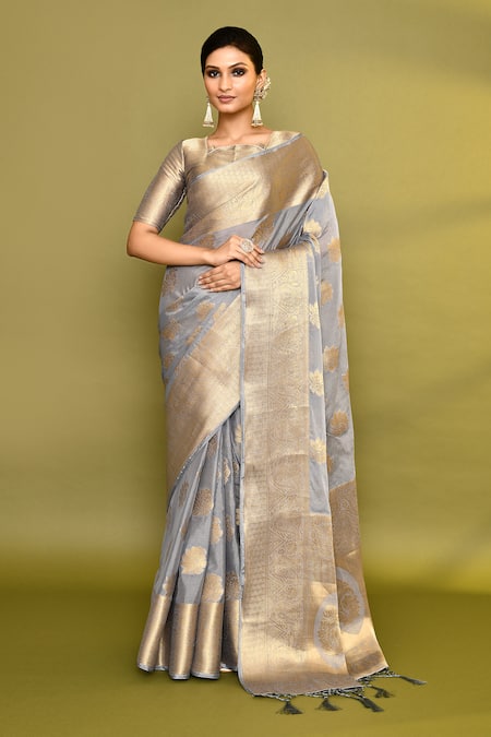 Samyukta Singhania Grey Viscose Woven Zari Square Floral Saree With Blouse 