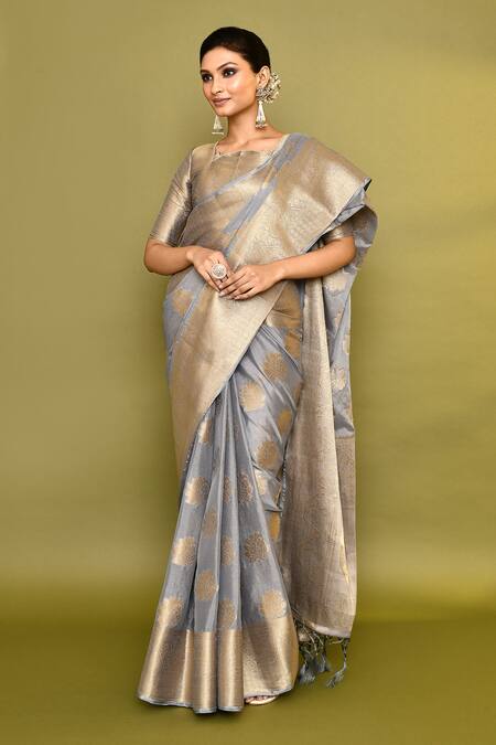 Buy_Naintara Bajaj_Grey Viscose Zari Square Neck Floral Woven Saree With Blouse _Online_at_Aza_Fashions