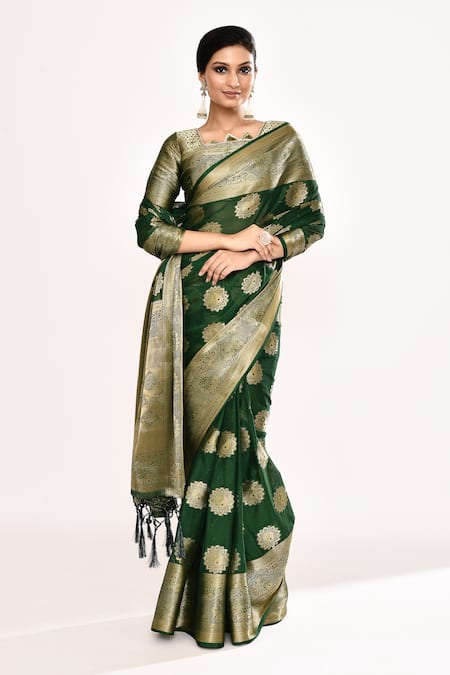 Buy_Naintara Bajaj_Green Viscose Zari Asymmetric Geometric Woven Saree With Blouse _Online_at_Aza_Fashions