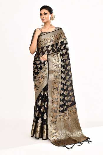 Khwaab By Sanjana Lakhani_Black Viscose Zari Square Neck Foliage Woven Saree With Blouse _Online_at_Aza_Fashions