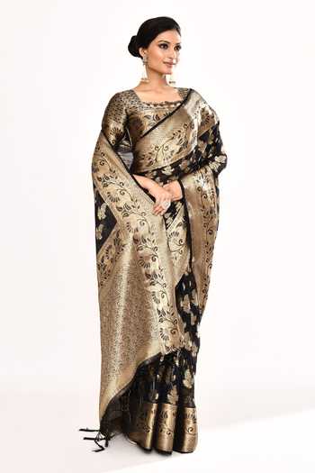 Buy_Khwaab By Sanjana Lakhani_Black Viscose Zari Square Neck Foliage Woven Saree With Blouse _Online_at_Aza_Fashions