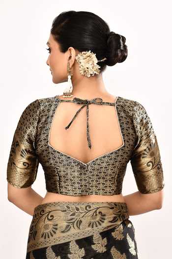 Shop_Khwaab By Sanjana Lakhani_Black Viscose Zari Square Neck Foliage Woven Saree With Blouse _Online_at_Aza_Fashions