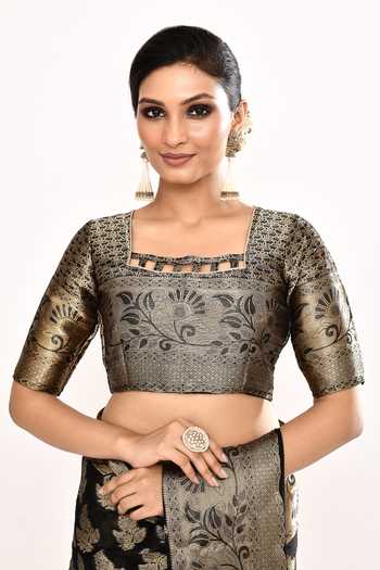 Khwaab By Sanjana Lakhani_Black Viscose Zari Square Neck Foliage Woven Saree With Blouse _at_Aza_Fashions