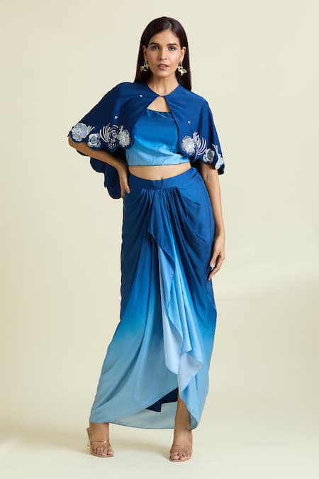Buy Samyukta Singhania Blue Modal, Satin Sequins, Embellished Scalloped Cape Ombre Draped Skirt Set Buy_Samyukta Singhania_Blue Modal, Satin Sequins, Embellished Scalloped Cape Ombre Draped Skirt Set