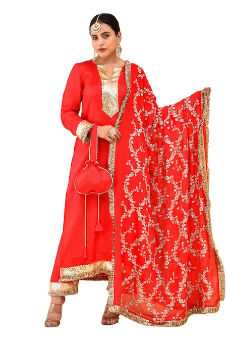 Buy_Bannhi By Priyanka Rathore_Red Silk Gota Patti Collared Embroidered Kurta Set 