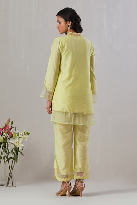 Shop_Grass & Sunshine_Green Chanderi Cut Work V-neck Flora Embroidered Kurta With Pant _at_Aza_Fashions