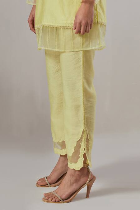 Shop_Grass & Sunshine_Green Chanderi Cut Work V-neck Flora Embroidered Kurta With Pant _Online_at_Aza_Fashions