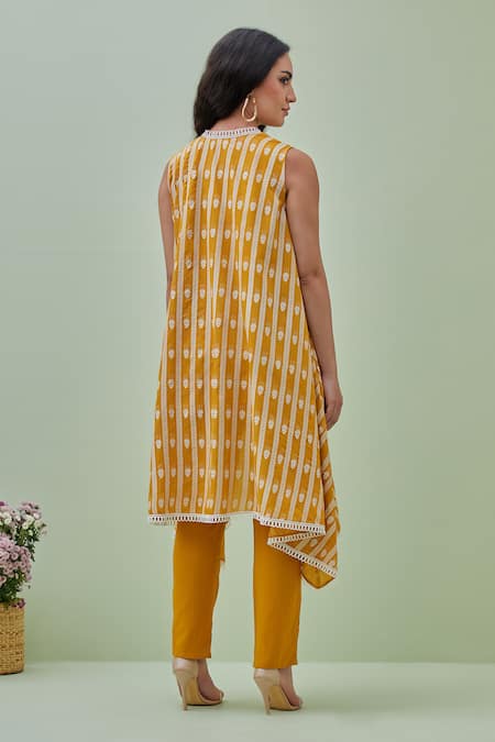 Shop Grass & Sunshine Yellow Chanderi, Viscose Embroidery Open Neck Blossom Vine Pattern Cape Pant Set at Aza Fashions Shop_Grass & Sunshine_Yellow Chanderi, Viscose Embroidery Open Neck Blossom Vine Pattern Cape Pant Set _at_Aza_Fashions