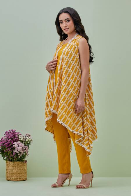 Grass & Sunshine Yellow Chanderi, Viscose Embroidery Open Neck Blossom Vine Pattern Cape Pant Set Online at Aza Fashions Grass & Sunshine_Yellow Chanderi, Viscose Embroidery Open Neck Blossom Vine Pattern Cape Pant Set _Online_at_Aza_Fashions