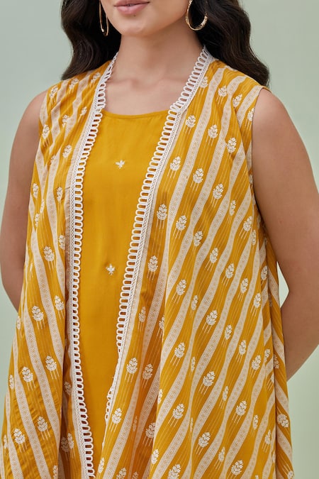 Buy Grass & Sunshine Yellow Chanderi, Viscose Embroidery Open Neck Blossom Vine Pattern Cape Pant Set Online at Aza Fashions Buy_Grass & Sunshine_Yellow Chanderi, Viscose Embroidery Open Neck Blossom Vine Pattern Cape Pant Set _Online_at_Aza_Fashions
