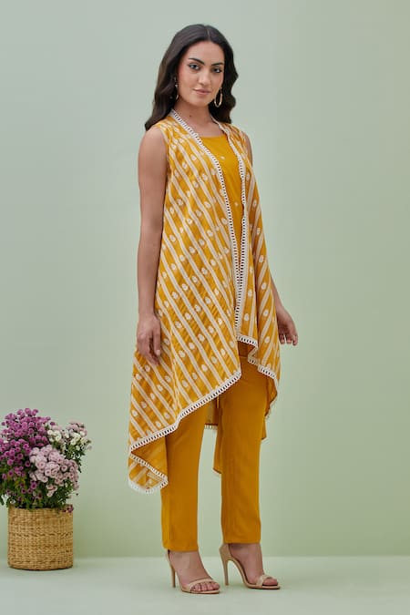 Shop Grass & Sunshine Yellow Chanderi, Viscose Embroidery Open Neck Blossom Vine Pattern Cape Pant Set Online at Aza Fashions Shop_Grass & Sunshine_Yellow Chanderi, Viscose Embroidery Open Neck Blossom Vine Pattern Cape Pant Set _Online_at_Aza_Fashions