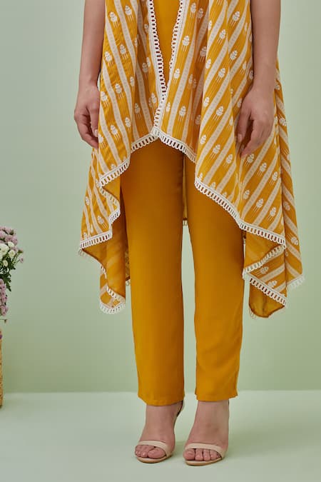 Grass & Sunshine Yellow Chanderi, Viscose Embroidery Open Neck Blossom Vine Pattern Cape Pant Set at Aza Fashions Grass & Sunshine_Yellow Chanderi, Viscose Embroidery Open Neck Blossom Vine Pattern Cape Pant Set _at_Aza_Fashions