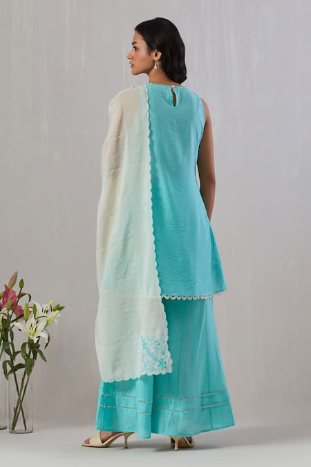 Shop_Grass & Sunshine_Blue Chanderi Embroidery Halter Neck Rosa Dori Kurta Flared Pant Set _at_Aza_Fashions