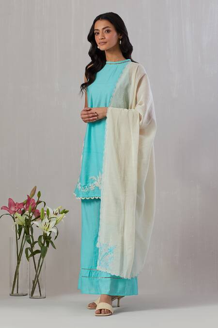 Grass & Sunshine_Blue Chanderi Embroidery Halter Neck Rosa Dori Kurta Flared Pant Set _Online_at_Aza_Fashions