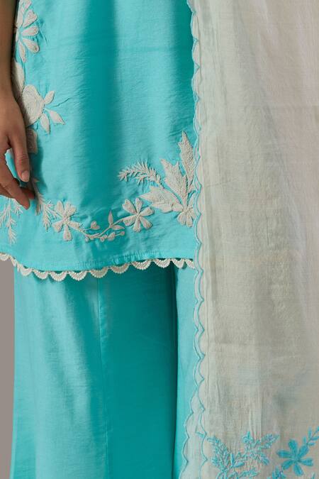 Buy_Grass & Sunshine_Blue Chanderi Embroidery Halter Neck Rosa Dori Kurta Flared Pant Set _Online_at_Aza_Fashions